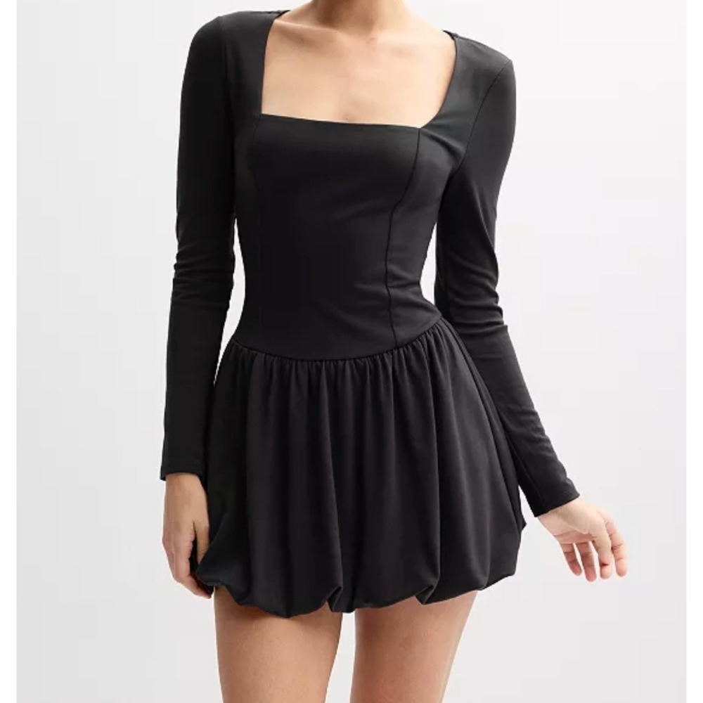 Live To Be Spoiled Black Square Neck Bubble Hem Mini Dress Long Sleeve XL Junior